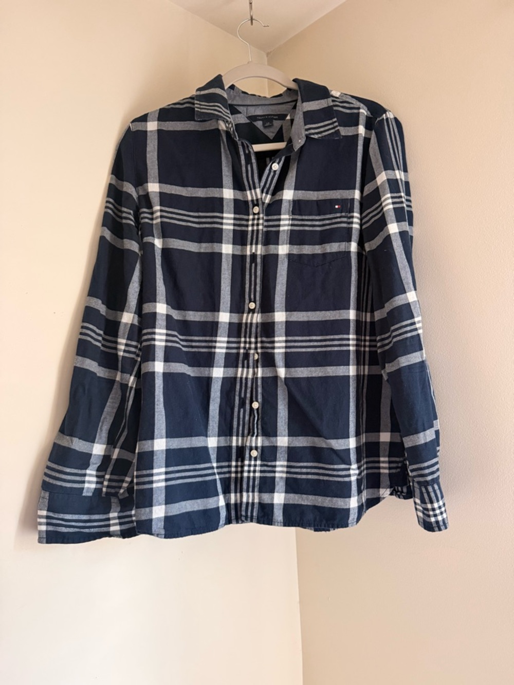 Tommy Hilfiger Blue & Gray Plaid Shirt with V-Panel Collar